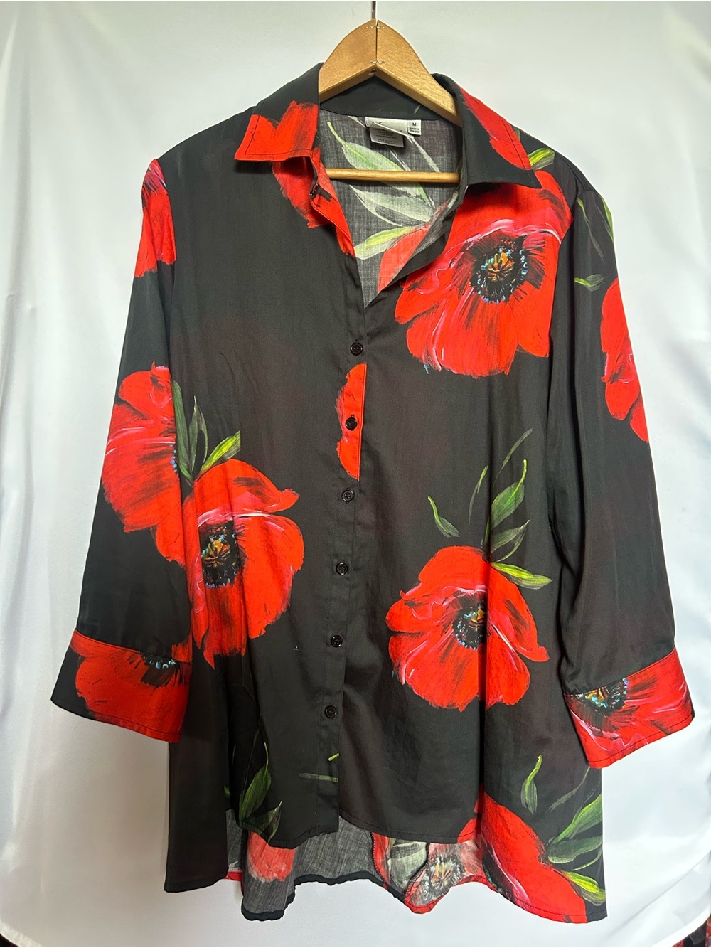 Finley Black Button-Down Shirt with Red Floral Print - Picture 1 of 3